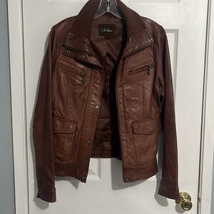 Cole Haan Genuine Brown Tan Leather Moto Jacket with Pockets